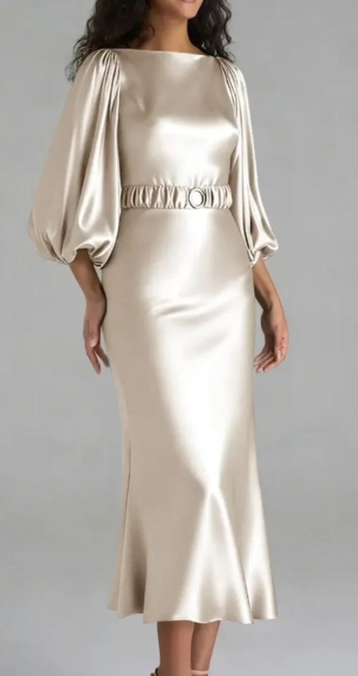 AW BRIDAL 2 XS champagne crystal satin Vida belted formal midi dress NEW b55